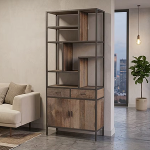 Silion Rack Eco-Friendly Durable Rustic Reclaimed <b>Wood</b> Industrial Iron Frame Tall Display <b>Bookcase</b> Cabinet Drawers Home Office - Product Image 1