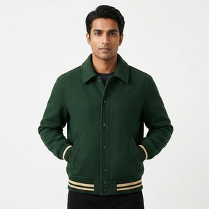 Varsity Jacket <b>Men</b>’s Wool Blend Bomber Jacket Button Up Ribbed Letterman Cuff Casual College Jacket Striped Trim Warm Outerwear - Product Image 3