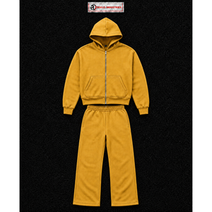 Ensemble de survêtement doré pour homme, sweat à capuche zippé et pantalon de jogging coupe droite, tenue de sport décontractée unie, vente en gros - Product Image 5