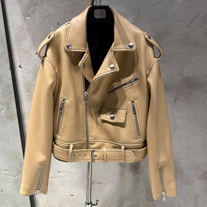 Veste moto en cuir véritable beige pour femme avec fermeture éclair, col montant, manches longues, style automne - Product Image 1