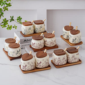 Customized 3 set wood tray Aesthetic Seasoning <b>Jars</b> Home Kitchen Salt <b>Jar</b> Set Pepper <b>Jar</b> Ceramic <b>Spice</b> <b>Jars</b> with Wooden Cap Tray - Product Image 3