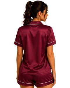 Conjunto de Pijama de Satén Borgoña Personalizado por el Fabricante, Ropa de Dormir de Seda para Mujer, con Bolsillo Bordado, Manga Corta, Conjunto de Ropa de Dormir Suave - Product Image 2
