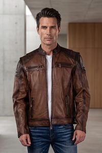 Chaqueta de Cuero Genuino de Cordero Marrón para Hombre, 2 en 1, Estilo Motero con Mangas Desmontables - Product Image 1