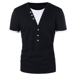 <b>Men's</b> <b>Black</b> V-Neck Short Sleeve T-<b>Shirt</b> With Contrast Trim And Button Front <b>Slim</b> <b>Fit</b> Casual Knitted Solid Color Top - Product Image 1
