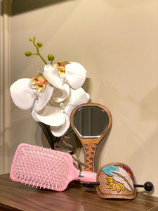 Hot Sale Handcrafted <b>Engraved</b> <b>Tooled</b> Leather Women 3 Pieces Set Carved Leather Hair Brush Hand Mirror & Hair Stick Vanity Sets - Product Image 5