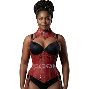 Underbust Steelboned Gothic And Fetish Wear Red <b>Leather</b> Harness Corset - Product Image 1