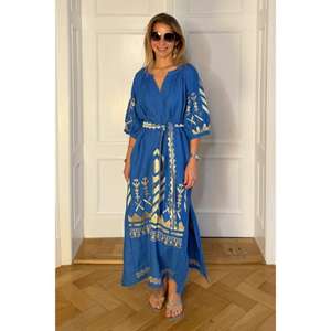 Robe longue ample de plage bohème en coton 100% avec imprimé feuille d'or bleu, col en V, manches bouffantes et pompons, écologique, vente en gros OEM pour femmes - Product Image 6
