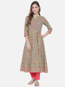 Ensemble Kurti en coton imprimé à la main, robe longue trapèze à manches trois quarts, coupe décontractée ample, tissu tissé respirant - Product Image 1