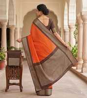 Saree Sutra MYSORE Oranye Dan Coklat Dengan Pinggiran Zari, Pakaian Pernikahan Tradisional India Untuk Wanita