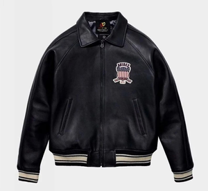 Veste varsity en cuir d'agneau véritable Avirex USA Edition Icon pour homme, coupe-vent, doublure en soie pour l'hiver, noir - Product Image 1