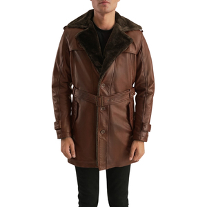Chaqueta de Cuero Genuino Marrón para Hombre, Forrada con Piel Sintética, con Cinturón, Abrigo Largo de Invierno, Estilo Vintage - Product Image 5