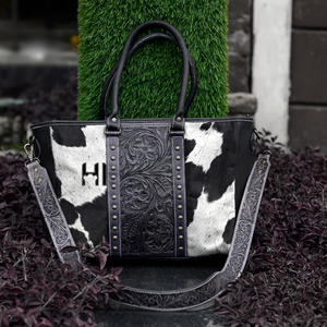 Sac fourre-tout en cuir de vachette western avec poils, sangle travaillée à la main - Product Image 1