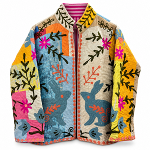 Chaquetas de Otoño Bordadas Suzani 100% Algodón para Mujer, Coloridas, Acolchadas, Estilo Boho, Arte Folclórico Floral, Forro a Rayas, Artesanal - Product Image 1