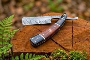 Damascus Steel Sheepsfoot Knife Wood Handle Straight Edge Thumb Knob Folding <b>Camping</b> Knife 8" In Overall Length - Product Image 4