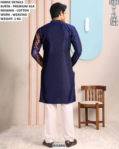 BISMIL Men's Navy Blue Premium <b>Silk</b> <b>Kurta</b> With Cotton Payjama Ankle-Length Traditional Wear India Pakistan Wedding Style - Product Image 1