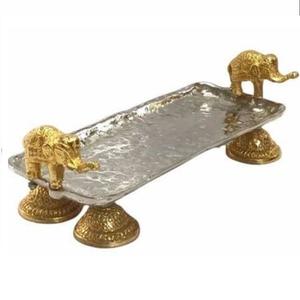 Home Office Use Aluminium Metal and Marble Gold Plated Tray <b>Elephant</b> Designer Handle Serving Tea & Coffee Serving Tray - Product Image 1
