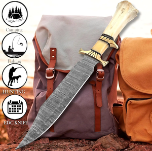 Couteau de chasse à lame fixe en acier Damas avec manche en os, fourreau en cuir fait main, couteau de survie pour l'extérieur - Product Image 6