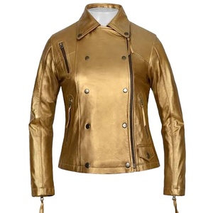 Blouson de motard pour femme en cuir véritable métallisé doré, double boutonnage, fermeture éclair asymétrique, col montant, style universitaire, OEM - Product Image 1