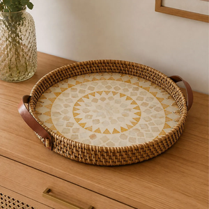 Bohemian Style Round Capiz Shell inlay Rattan Decorative Serving <b>Tray</b> with Handles Stackable <b>Storage</b> <b>Tray</b> from Vietnam - Product Image 4