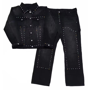 Women Black Denim Tracksuit Full Sleeve Button Up <b>Jacket</b> And Pants <b>Rhinestone</b> Decorated Streetwear Set Autumn Wear - Product Image 6