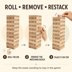 Tour de blocs empilables en bois, 54 pièces numérotées, en pin naturel, hauteur 27 cm, base 7,5 cm, fournitures pour fêtes - Product Image 3