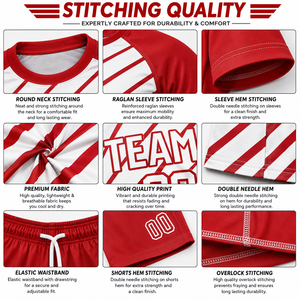 Ensemble short et maillot de football rayé rouge et blanc personnalisé, imprimé par transfert thermique, en polyester durable anti-humidité, col ras du cou, sans manches - Product Image 6