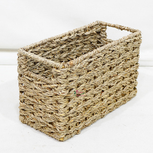 Natural Rustic Seagrass Woven Eco-Friendly Storage <b>Basket</b> Set <b>Rectangular</b> Shelf Organizer Bins with Built-in Handles - Product Image 6