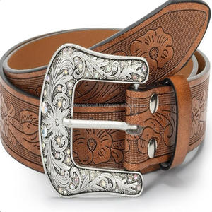 Ceinture d'outillage durable en cuir occidental véritable gravée à fleurs faite à la main pour hommes et femmes avec boucle ardillon en laiton design toutes tailles - Product Image 2