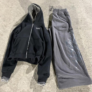 Ensemble de survêtement streetwear d'hiver personnalisé pour homme, coupe oversize, en coton épais 100%, avec pantalon de survêtement ample et évasé et sweat à capuche triple couche - Product Image 2