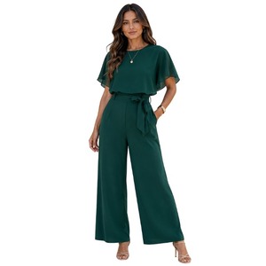 Mono de gasa verde para mujer, cintura alta, corte holgado, elegante, para primavera/verano, largo completo, cuello redondo, con cinturón, vestido para mujer - Product Image 1
