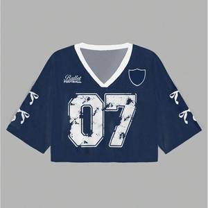 Ballet Football Women's Navy Blue <b>Mesh</b> <b>Crop</b> <b>Top</b> V-Neck Short Sleeve 07 Number Print Sporty Style Spring Summer - Product Image 1