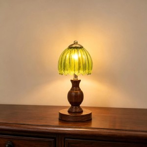 Traditional Wooden Table Lamp With Engraved Green Glass <b>Shade</b> Round Design For Indoor <b>Lighting</b> - Product Image 2