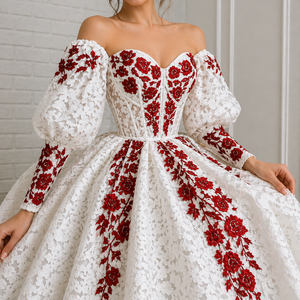 White Dress with Red Embroidery - A-Line Long Sleeve Chiffon