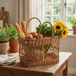 ตะกร้าปิกนิกหวายเทียม, ตะกร้าเก็บของสำหรับตั้งแคมป์พร้อมหูหิ้ว, กระเป๋าใส่ของสำหรับตลาดกลางแจ้งแบบทนทานและล้างทำความสะอาดได้สำหรับใส่อาหารและผลไม้ - Product Image 4