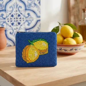 Beaded Lemon Embroidered Cotton <b>Square</b> Casual Coin Pouch Zipper Handmade Cosmetic Storage Bag - Product Image 2