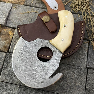 Custom Handmade Hand-Forged High Carbon Steel Viking Pizza Cutter Axe Wood Handle Leather Sheath | Premium Ulu Pizza Cutter - Product Image 2