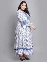 Robe Anarkali en viscose rayonne blanche à imprimé floral, manches longues, col rond, grande taille, vente en gros, vêtements décontractés pour femmes