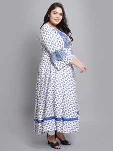 Vestido Anarkali de Viscosa Blanca con Estampado Floral, Mangas Largas, Cuello Redondo, Talla Grande, Informal, Festivo, al por Mayor para Mujer - Product Image 2