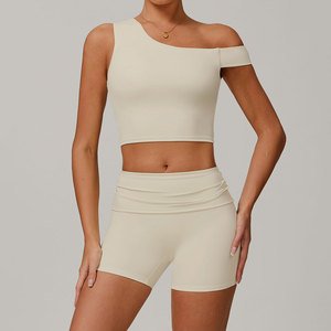 Ensemble de yoga asymétrique à épaules dénudées, col carré, short taille haute, couleur unie, sans couture, en Spandex/Nylon, 2 pièces, respirant - Product Image 3