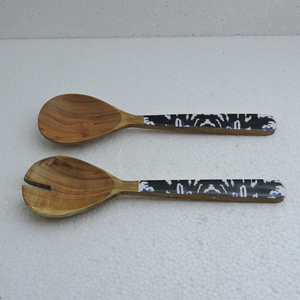 Ensemble de saladiers en émail tendance, bois naturel avec poignée imprimée en émail, couverts pour servir la salade, prix direct usine - Product Image 5