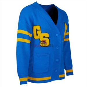 Cardigan personnalisé OEM pour homme, à manches longues, en tricot jacquard avec lettres, style lycée, pour l'hiver - Product Image 1