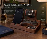 Support de charge 3-en-1 multifonctionnel en bambou sculpté, écologique, moderne et luxueux, pour téléphone, montre et écouteurs, avec câble dissimulé