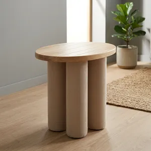 Modern Scandinavian Wood <b>Side</b> <b>Table</b> with <b>Round</b> Top and Textured Legs Living Room Furniture - Product Image 1