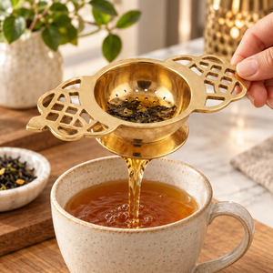 Antique Brass <b>Tea</b> Strainer Double Winged Filigree Handle Over Cup <b>Tea</b> Filter Drip Base <b>Stand</b> Loose Leaf Herbal <b>Tea</b> Steeper Sets - Product Image 3