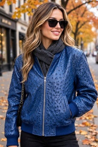Chaqueta Bomber de Cuero con Estampado de Avestruz Azul, Cierre de Cremallera, Cuello Camisero, Manga Larga, Estilo Otoñal para Mujer - Product Image 6