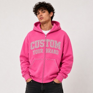 Sudadera con capucha rosa personalizada con cremallera y tachuelas para hombre, estilo oversize, moda urbana, con pedrería, casual, tipo jersey. - Product Image 5