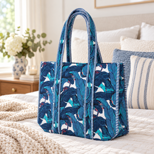 Bolso Tote Acolchado de Algodón Azul Costero con Estampado de Hojas Botánicas Tropicales, Bolso de Hombro para Compras en la Playa para Mujer, Venta al Por Mayor - Product Image 3