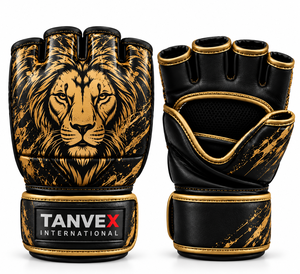 Guantes de MMA TANVEX INTERNATIONAL de Cuero, Medios Dedos, con Cierre, Transpirables, Elásticos, Unisex, Negros con Estampado de León Dorado, para Artes Marciales - Product Image 1