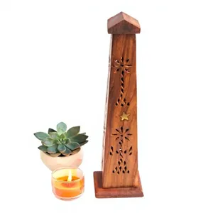 Porta Incienso de Madera Hecho a Mano, Diseño Hexagonal en Forma de Torre con Estrella, Recolector de Ceniza para Aromaterapia y Meditación - Product Image 1