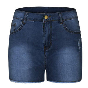 Womens High Waisted Denim Shorts Dark Blue Distressed Jean Shorts With Raw Hem Stretchy Slim Fit Casual Bottoms - Product Image 1